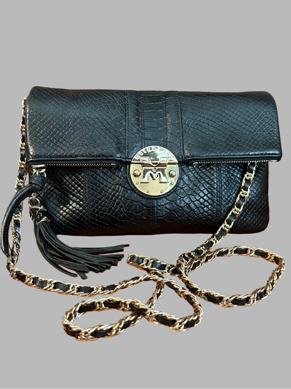 Metro City Black Snakeskin Embossed Crossbody Bag Tassel Gold Hardware